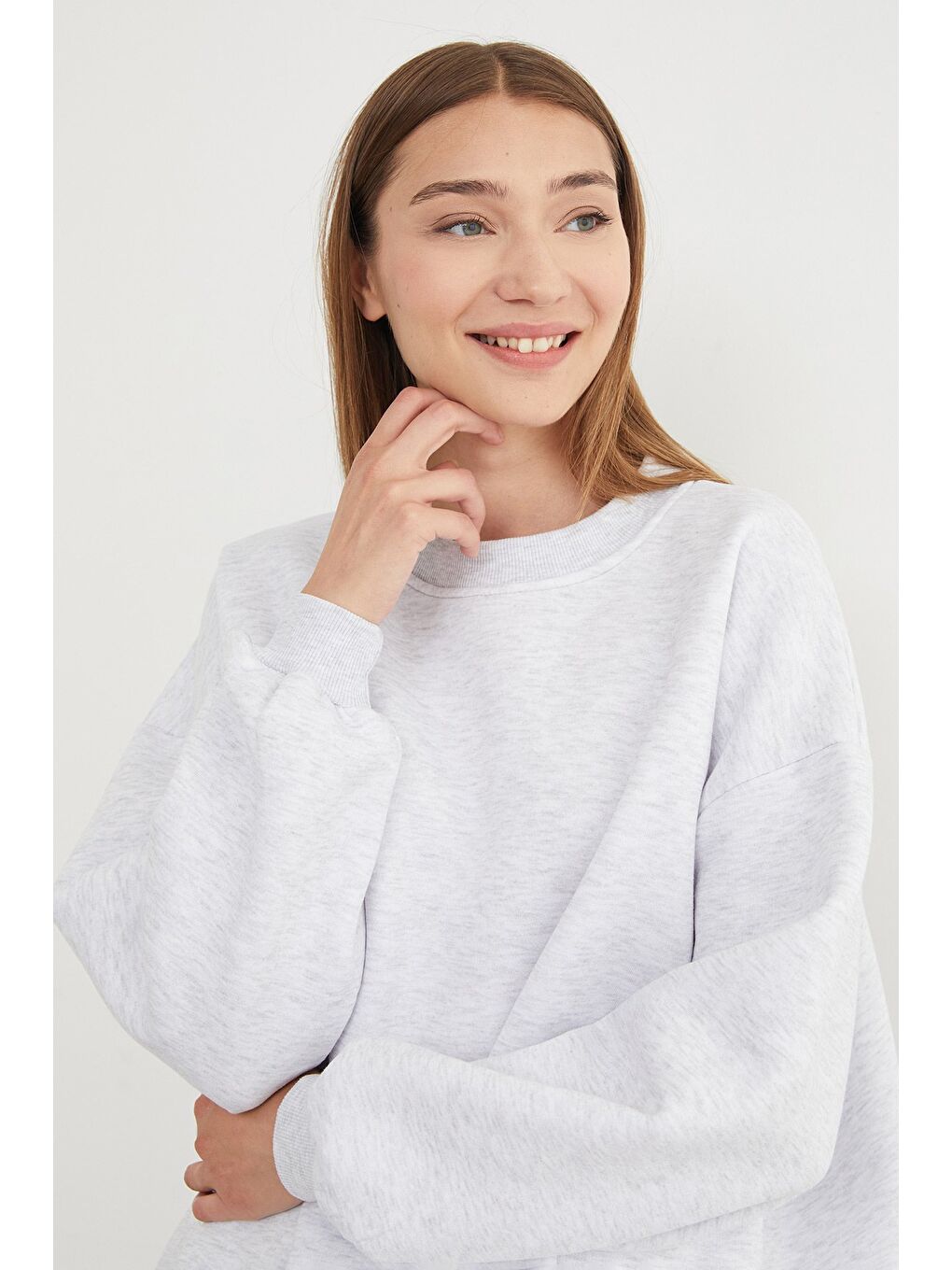 Gri 3 İplik Basic Oversize Sweatshirt-1