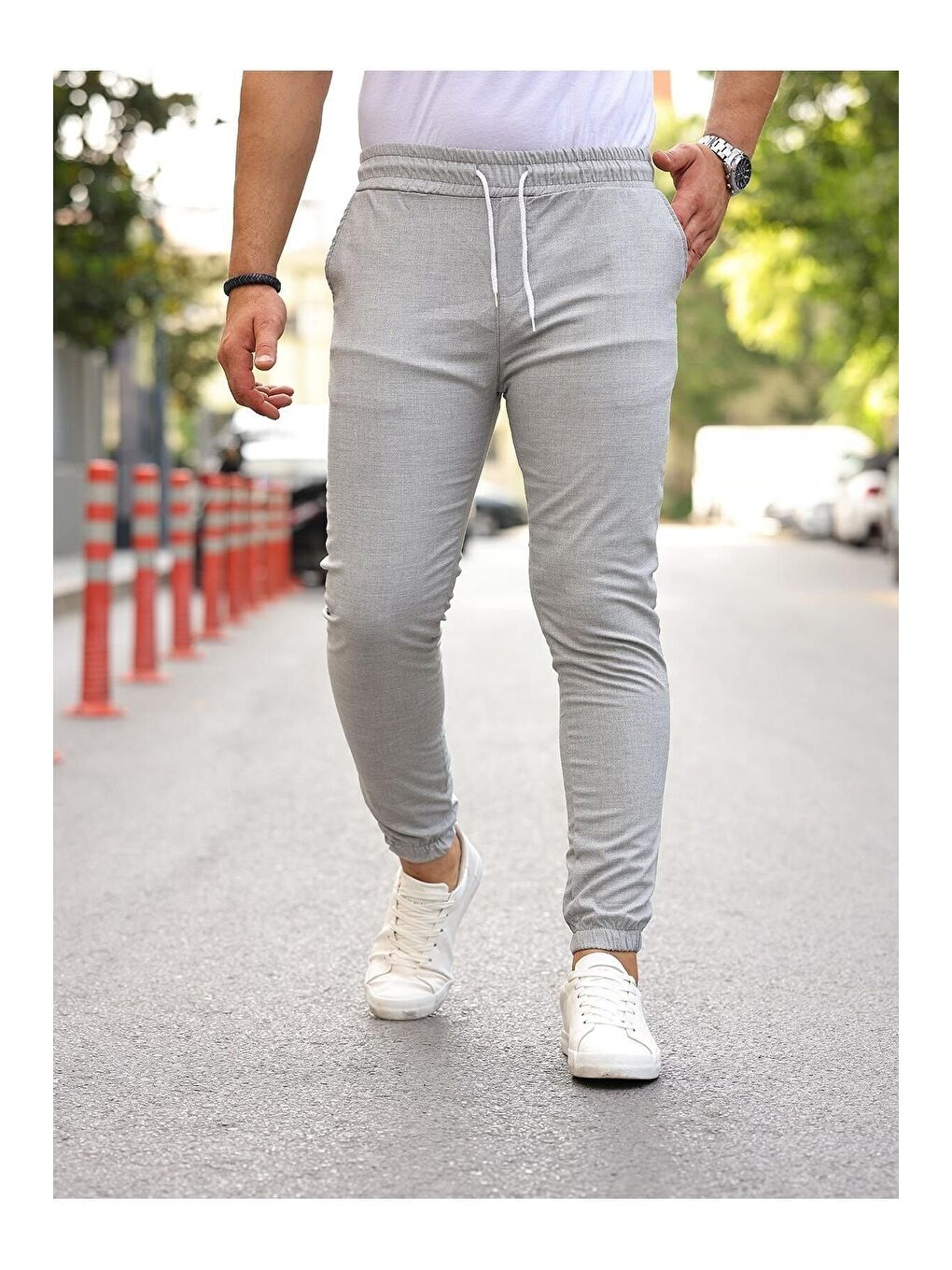 Beyaz Erkek Dar Kalıp Lastikli Paça Jogger Pantolon-2