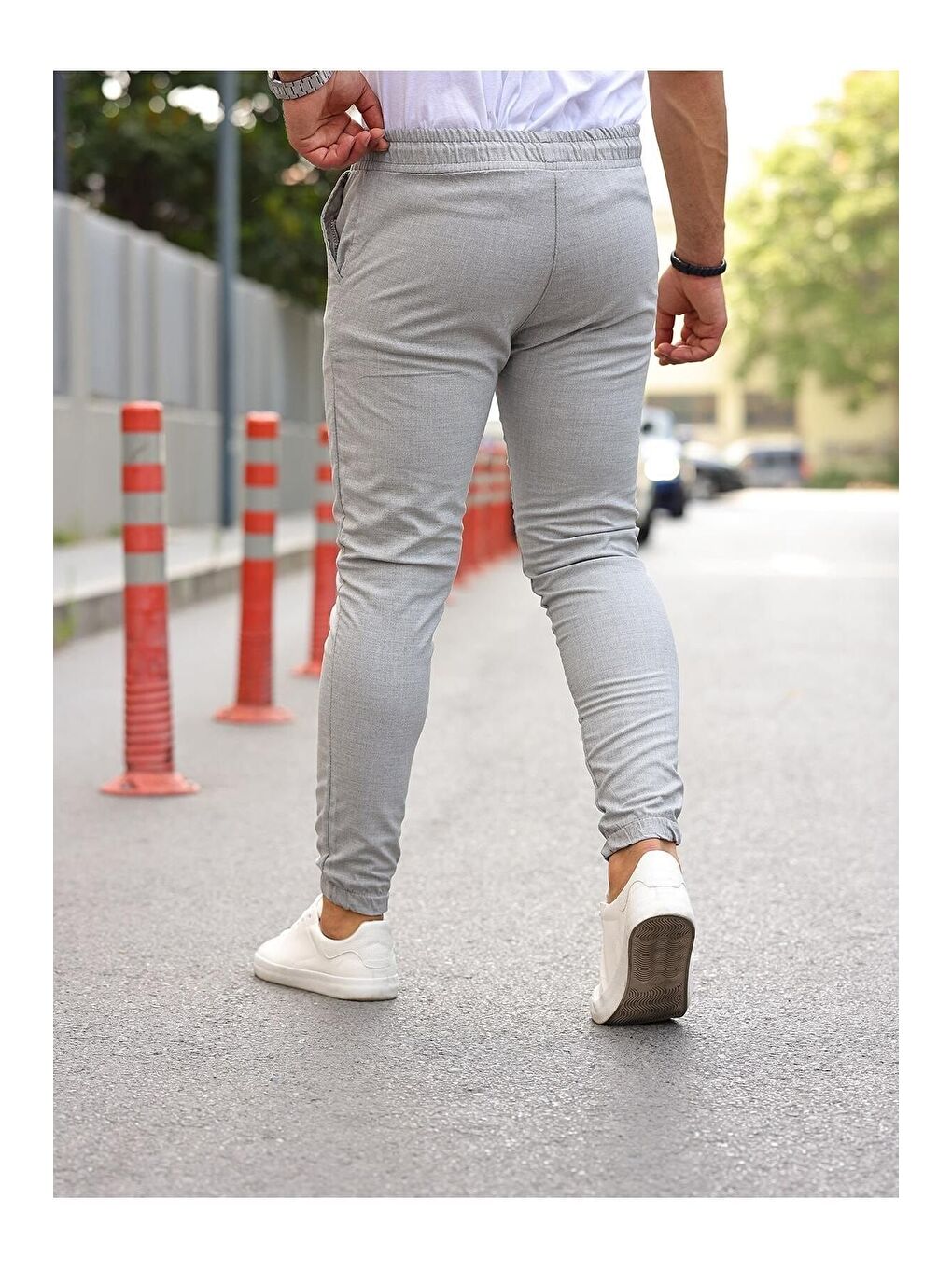 Beyaz Erkek Dar Kalıp Lastikli Paça Jogger Pantolon-3
