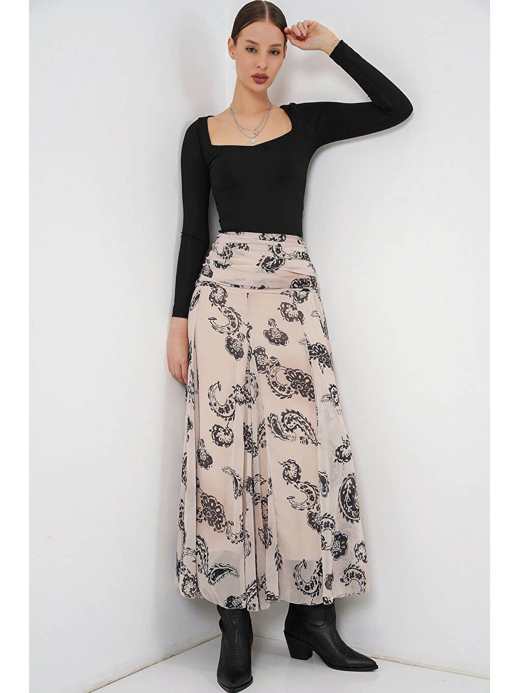 Ekru Kadın Desenli Şifon Etek 8057 - Krem-4