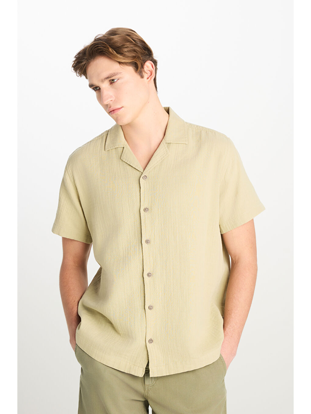 %100 Pamuk Relaxed Fit Geniş Kesim Açık Yeşil Müslin Gömlek-1