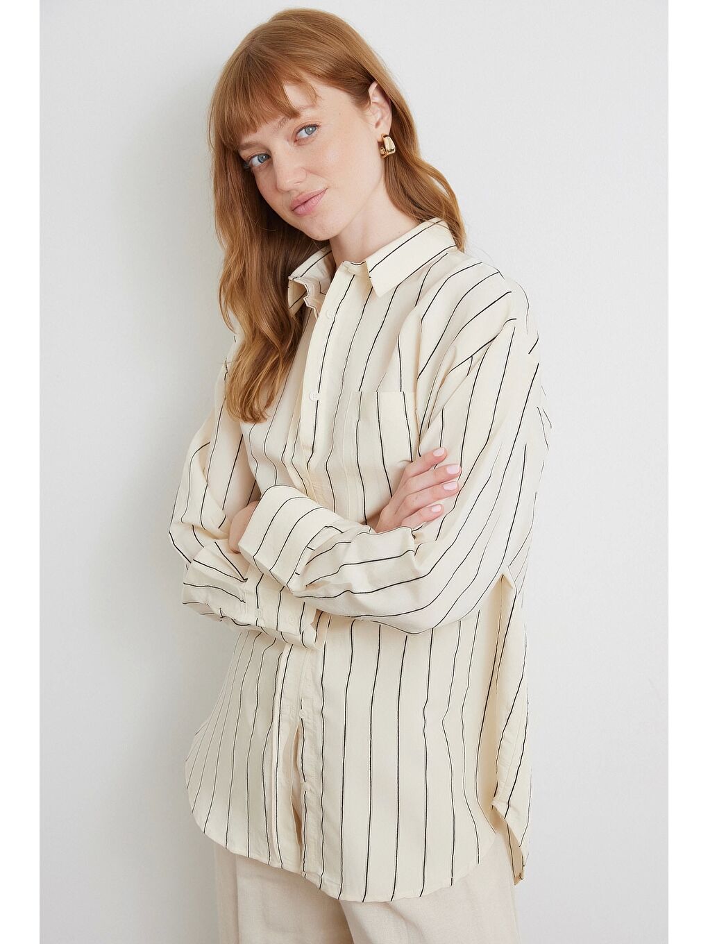 Kontrast Çizgili Modal Gömlek Siyah-2