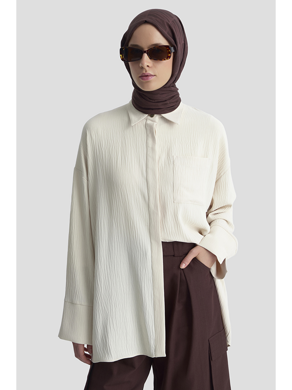 Bej Cepli Basic Gömlek Kum-2