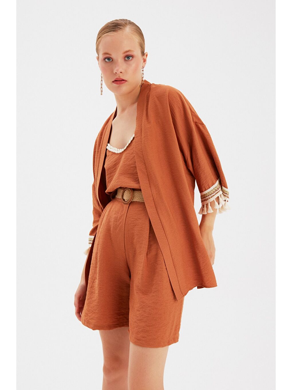Kahverengi Kol Detaylı Salaş Keten Kimono - Taba-2