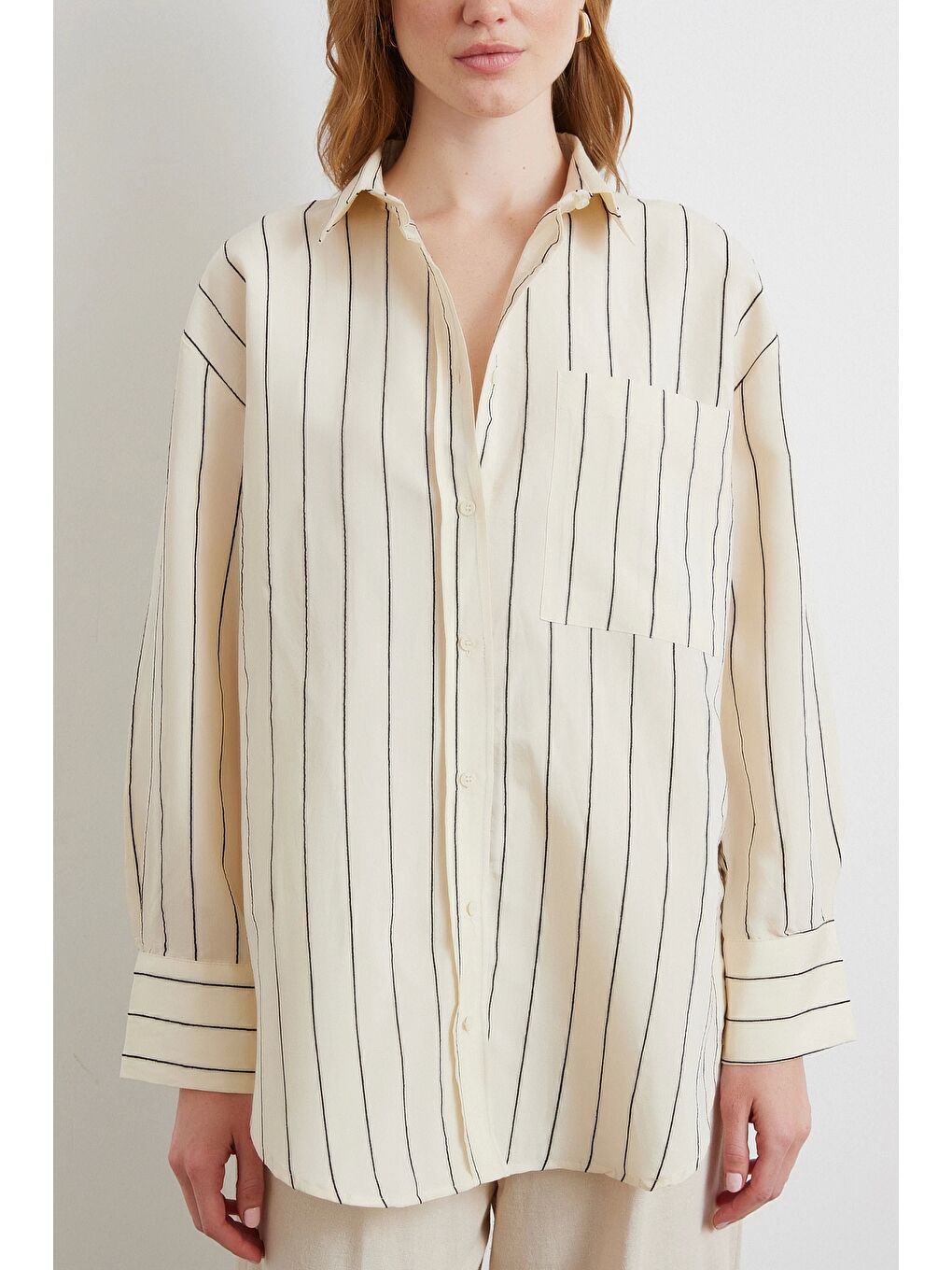 Kontrast Çizgili Modal Gömlek Siyah-3