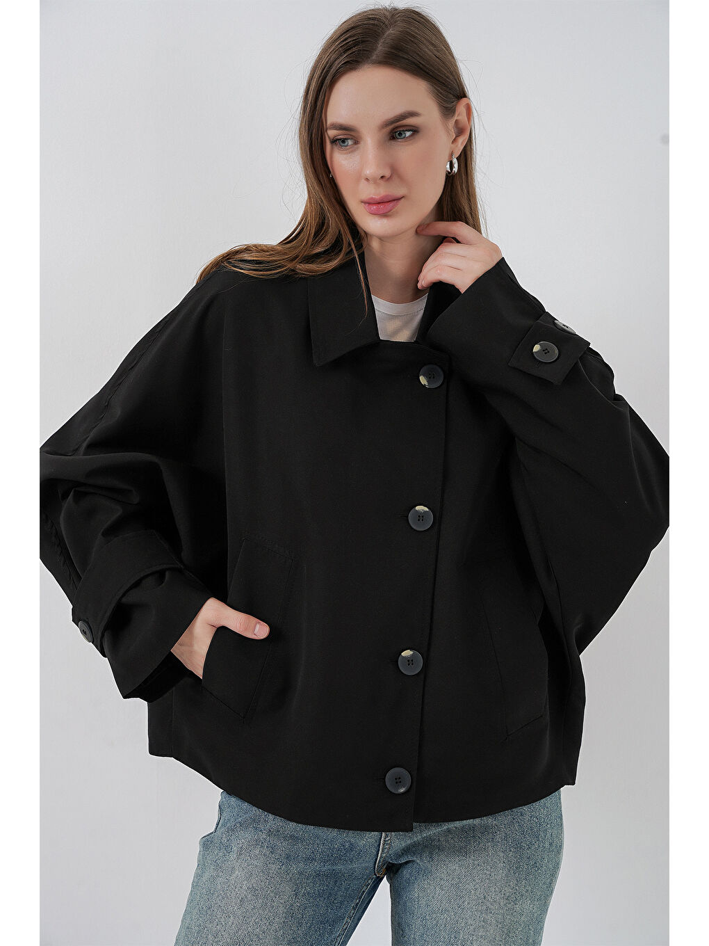 Kadın Oversize Kısa Trençkot 5977 - Siyah