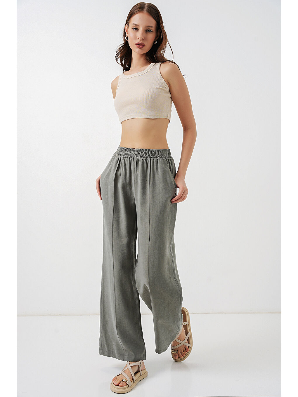 Kadın Beli Lastikli Bol Paça Pantolon 30087 - Gri