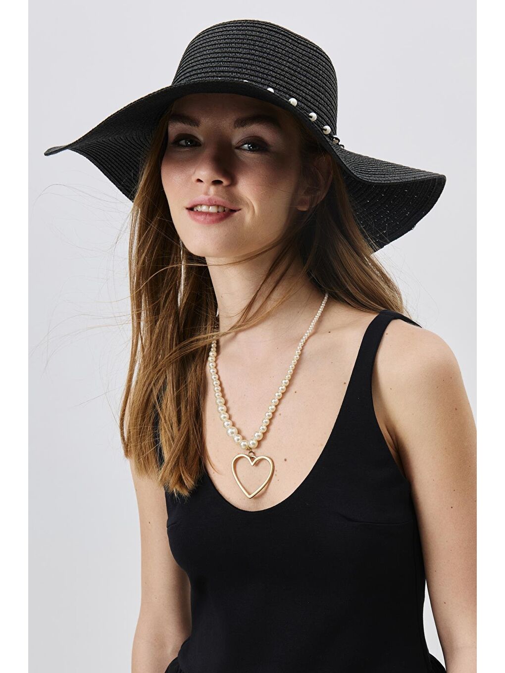 Geniş Kenar Hasır Plaj Şapkası Y25730-05 Siyah-1