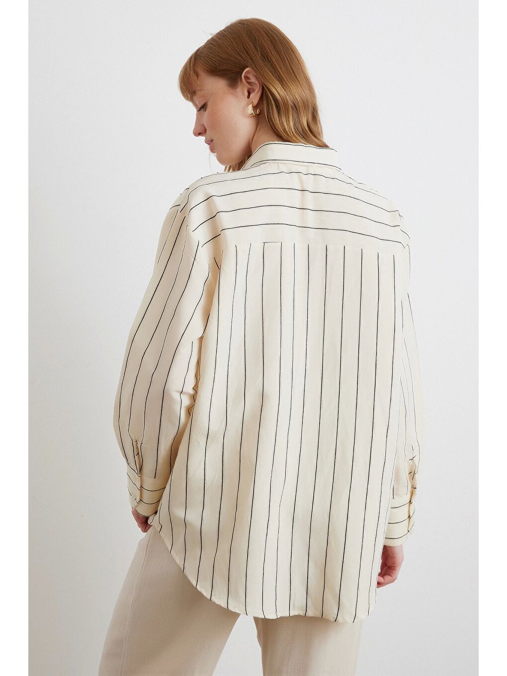 Kontrast Çizgili Modal Gömlek Siyah-5