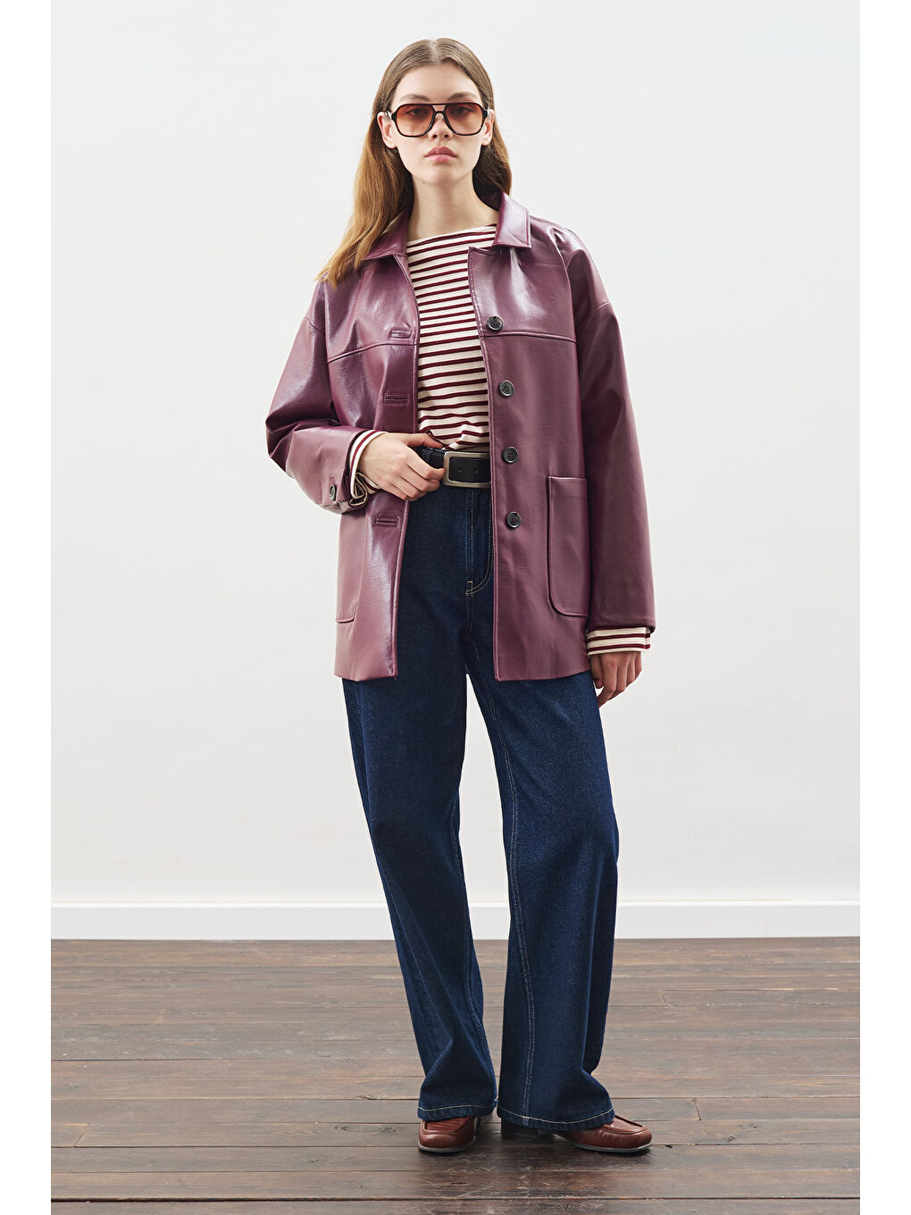 Klasik Kesim Deri Ceket Mürdüm-1