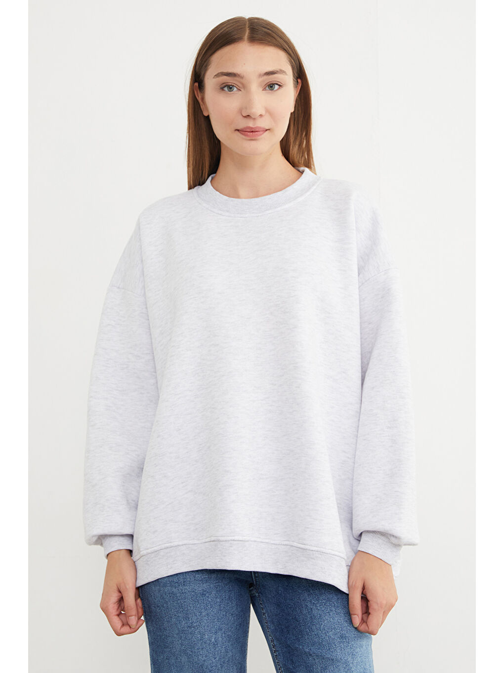 Gri 3 İplik Basic Oversize Sweatshirt-2