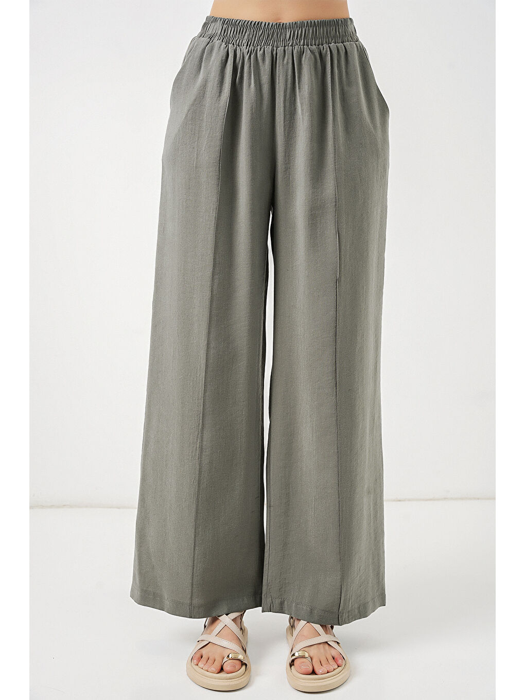 Kadın Beli Lastikli Bol Paça Pantolon 30087 - Gri-1