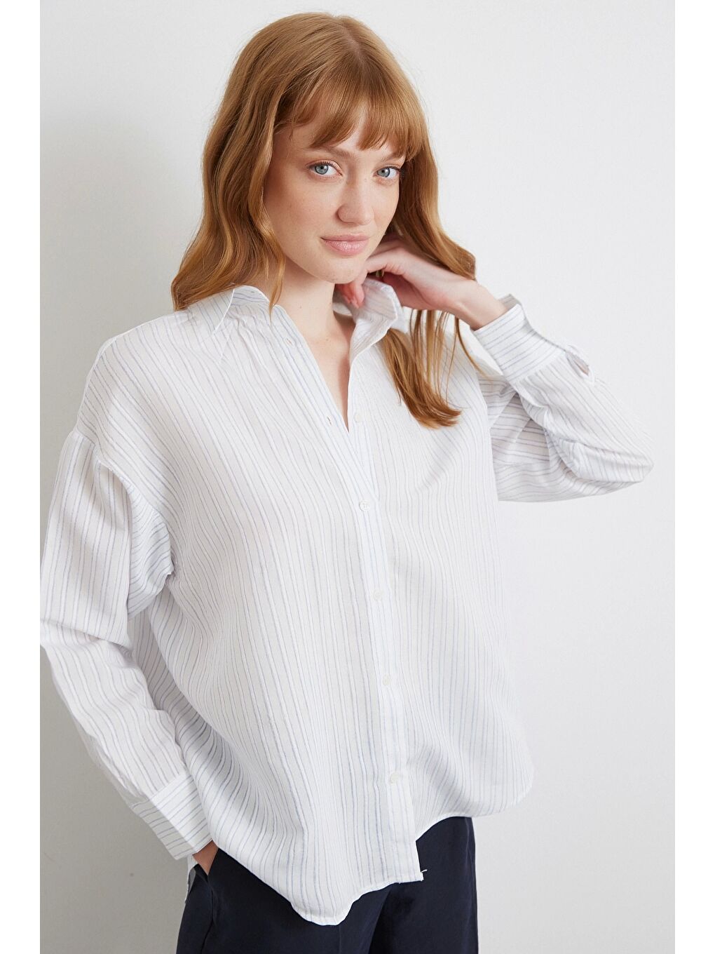 Simetrik Çizgili Gömlek Mavi-3