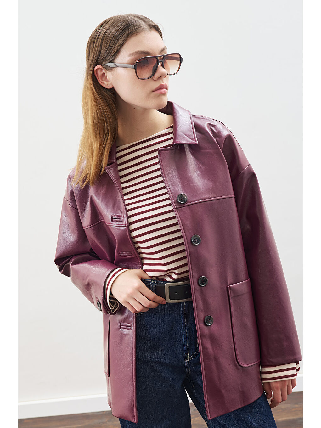 Klasik Kesim Deri Ceket Mürdüm-2