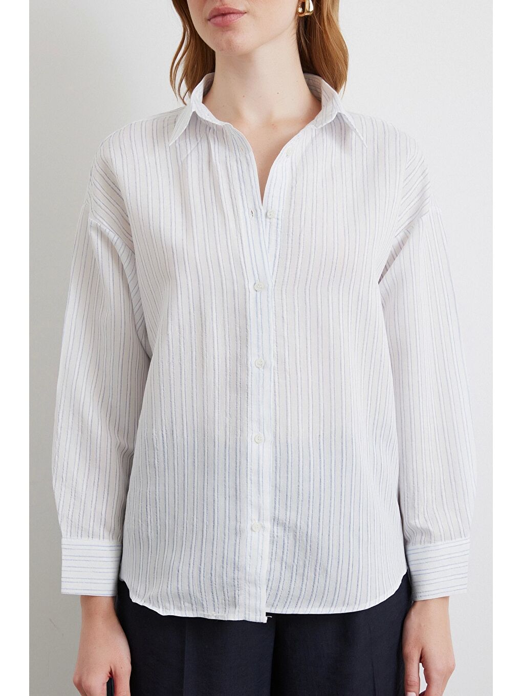 Simetrik Çizgili Gömlek Mavi-4