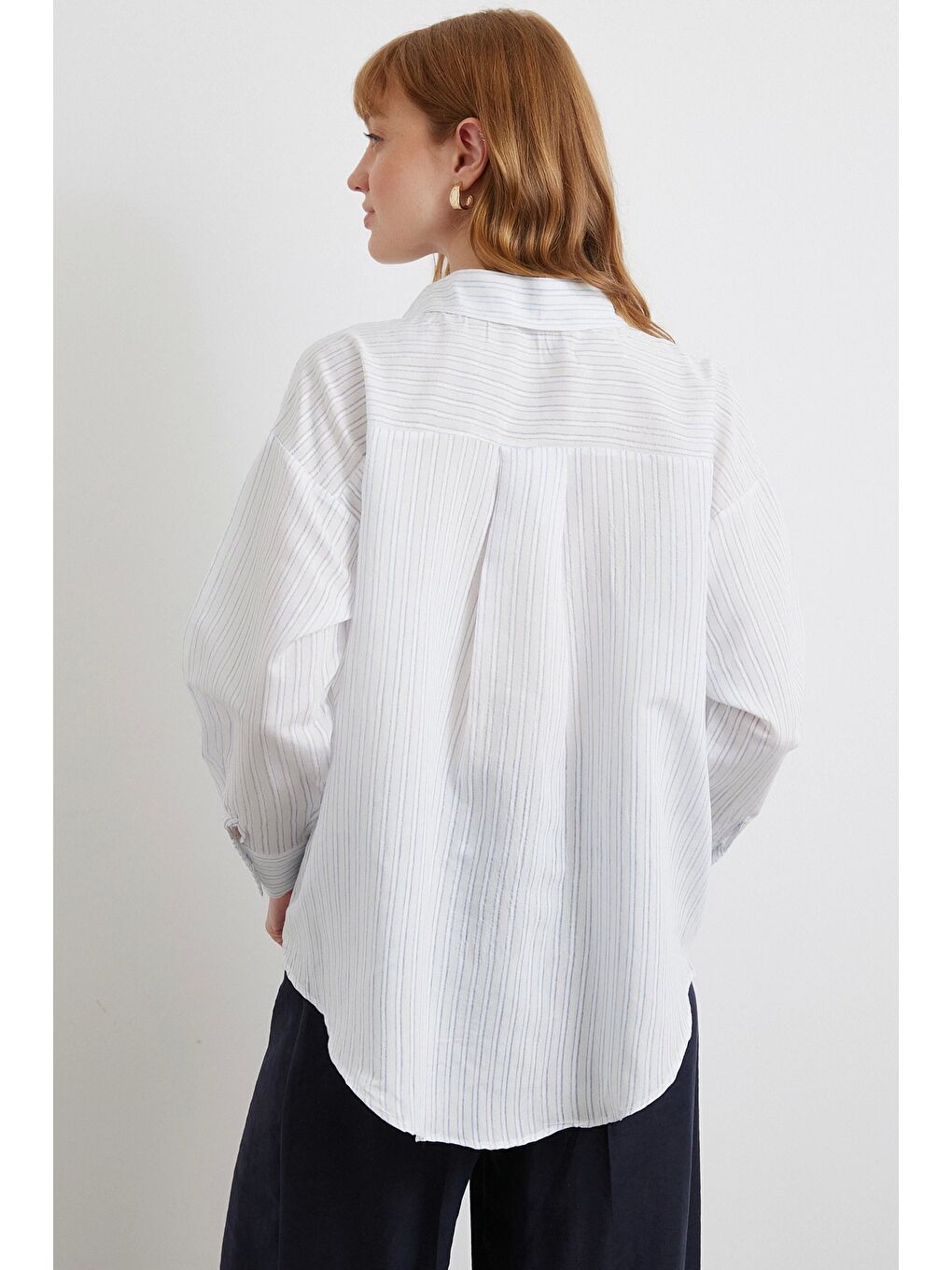 Simetrik Çizgili Gömlek Mavi-5