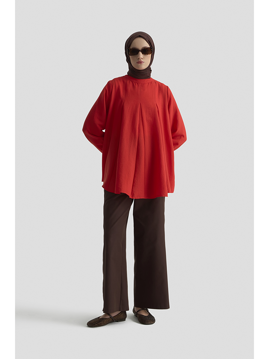 Kahverengi Pile Detaylı Bluz Kiremit-1