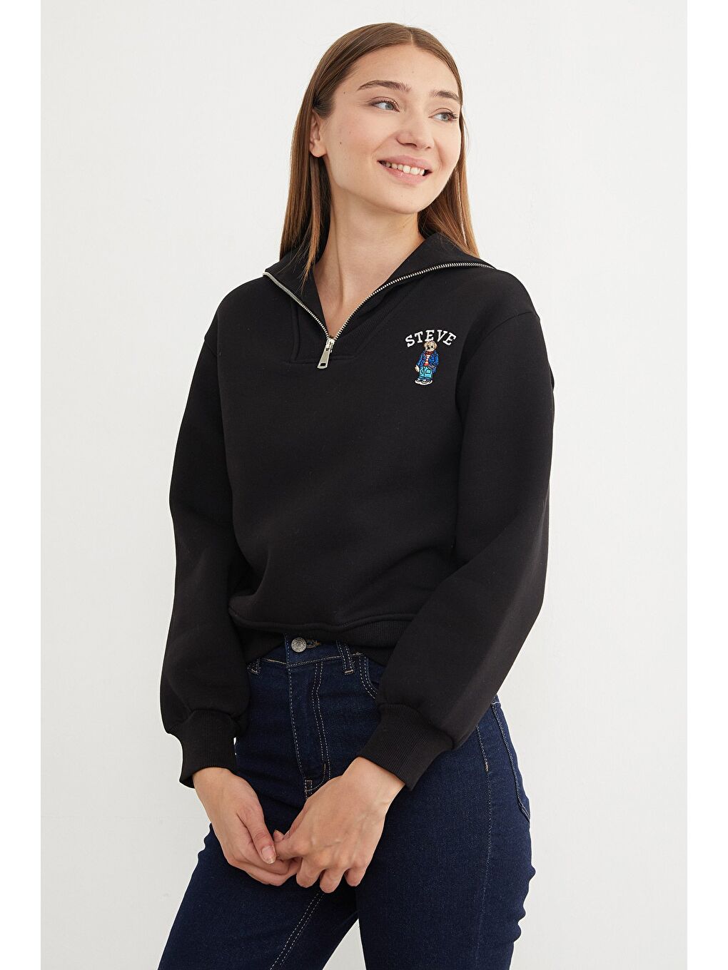 Siyah 3 İplik Ayıcık Nakışlı Yarım Fermuarlı Sweatshirt-2