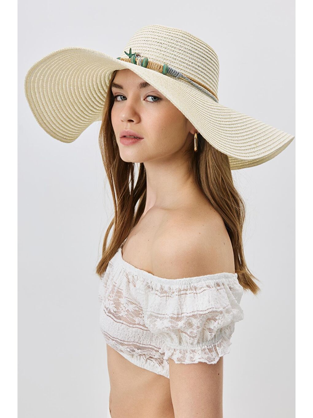 Ekru Geniş Kenar Hasır Plaj Şapkası Y25730-14 Krem-1