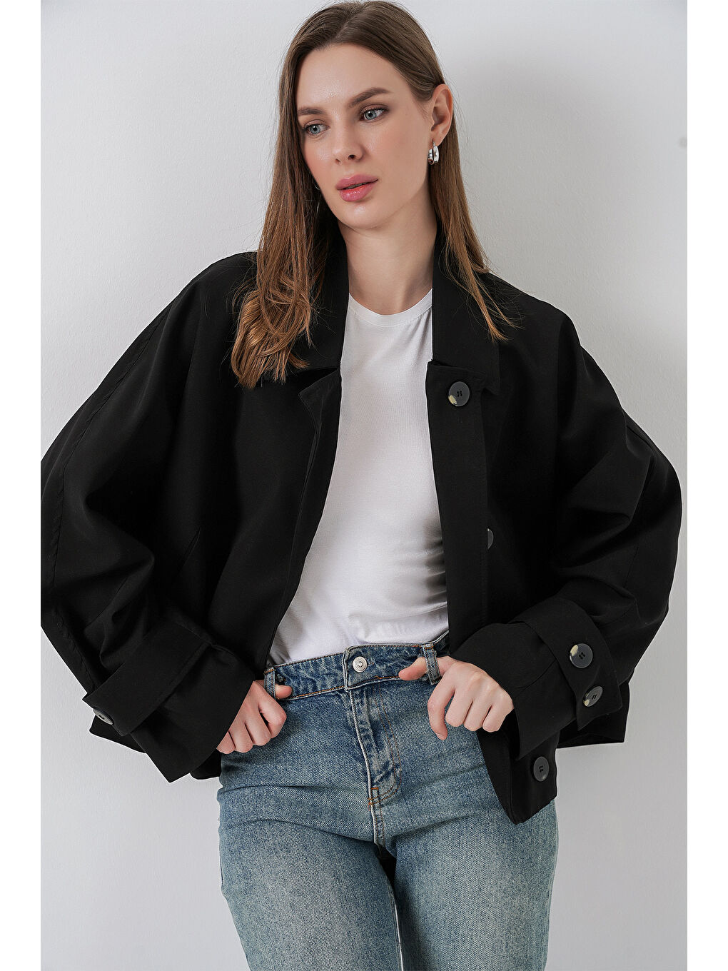 Kadın Oversize Kısa Trençkot 5977 - Siyah-2