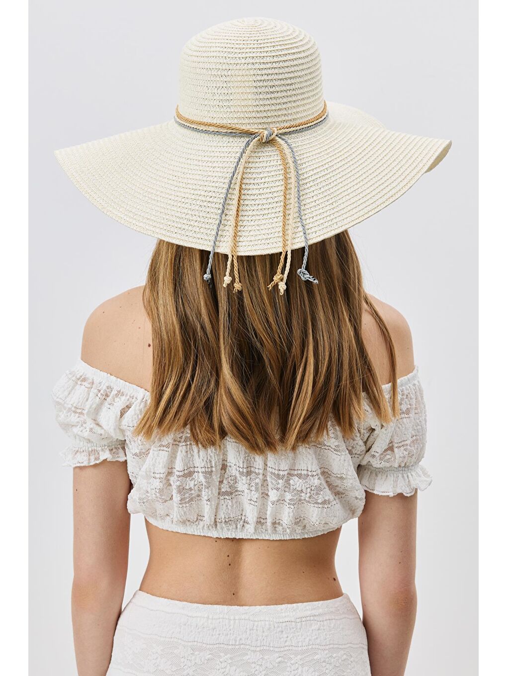 Ekru Geniş Kenar Hasır Plaj Şapkası Y25730-14 Krem-2