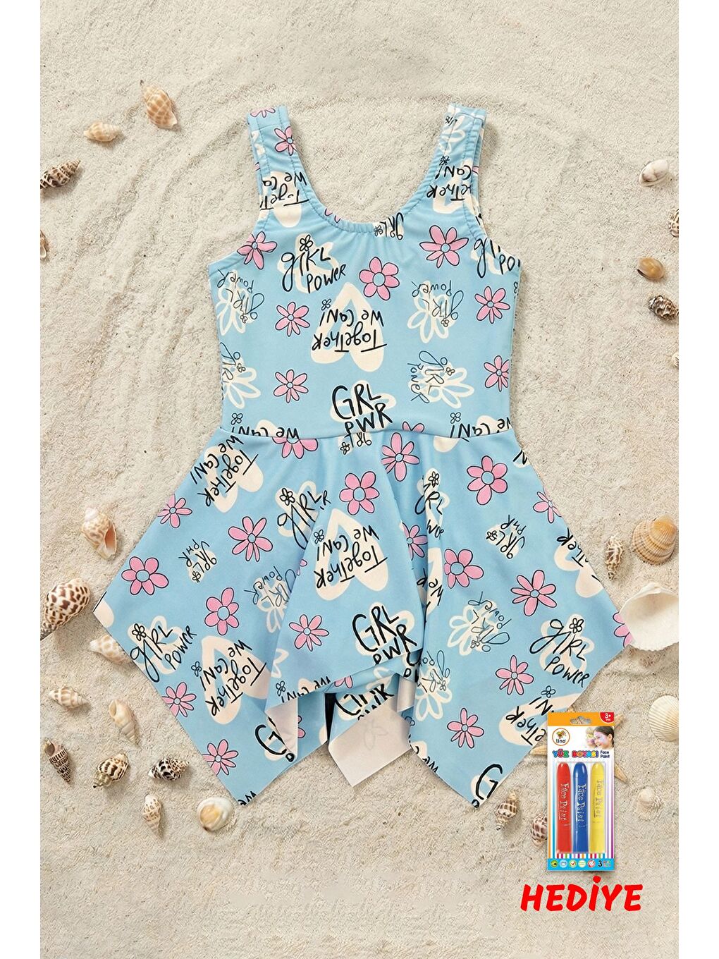 Mavi Girl Power Çiçek Desenli Kız Çocuk Mayo Elbise-1