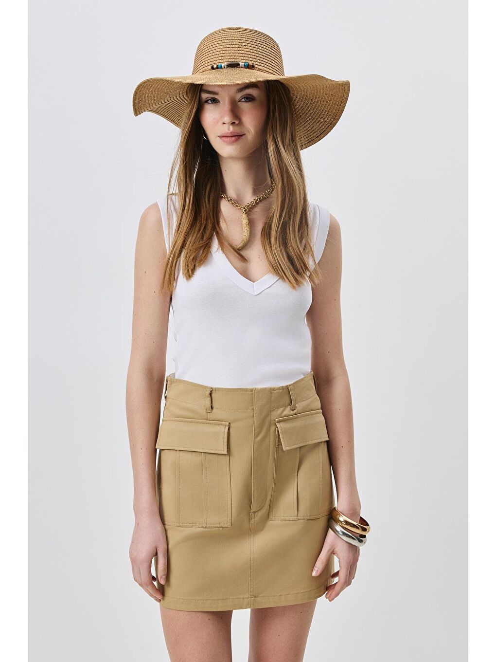 Bej Geniş Kenar Hasır Plaj Şapkası Y25730-03 Vizon