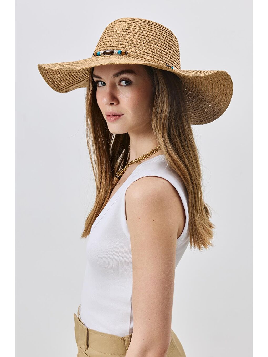 Bej Geniş Kenar Hasır Plaj Şapkası Y25730-03 Vizon-1