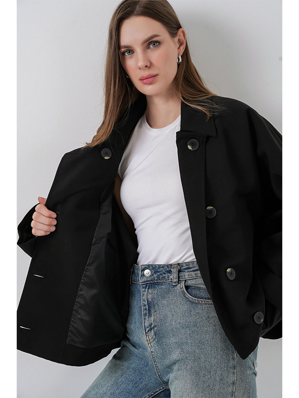 Kadın Oversize Kısa Trençkot 5977 - Siyah-3
