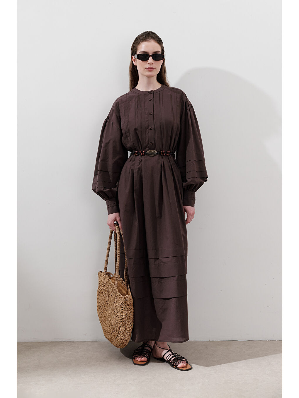 Nervürlü Geniş Elbise Kahverengi