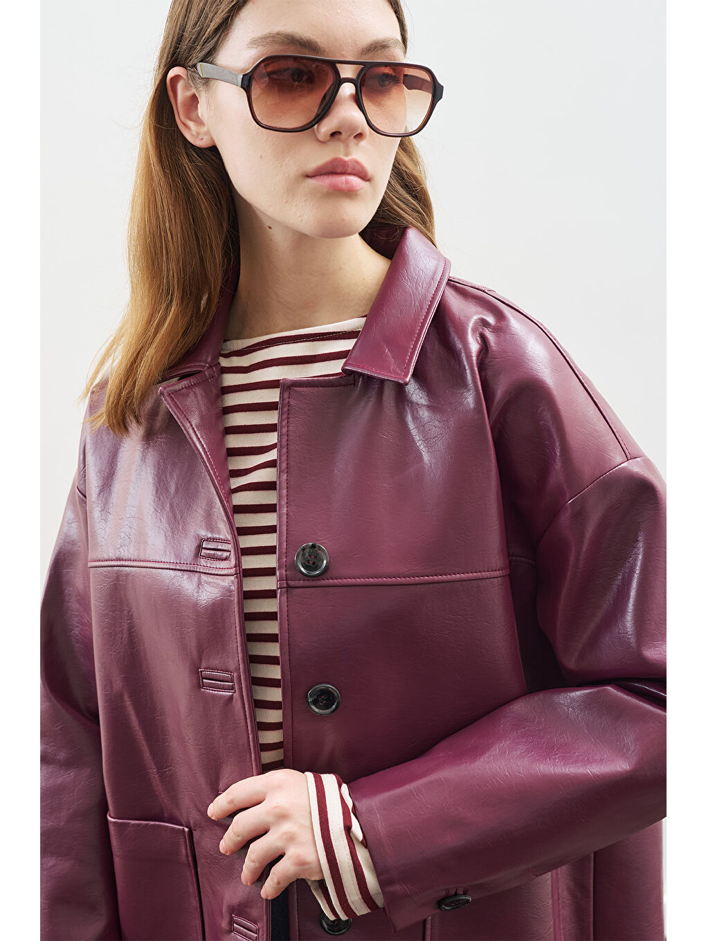 Klasik Kesim Deri Ceket Mürdüm-3