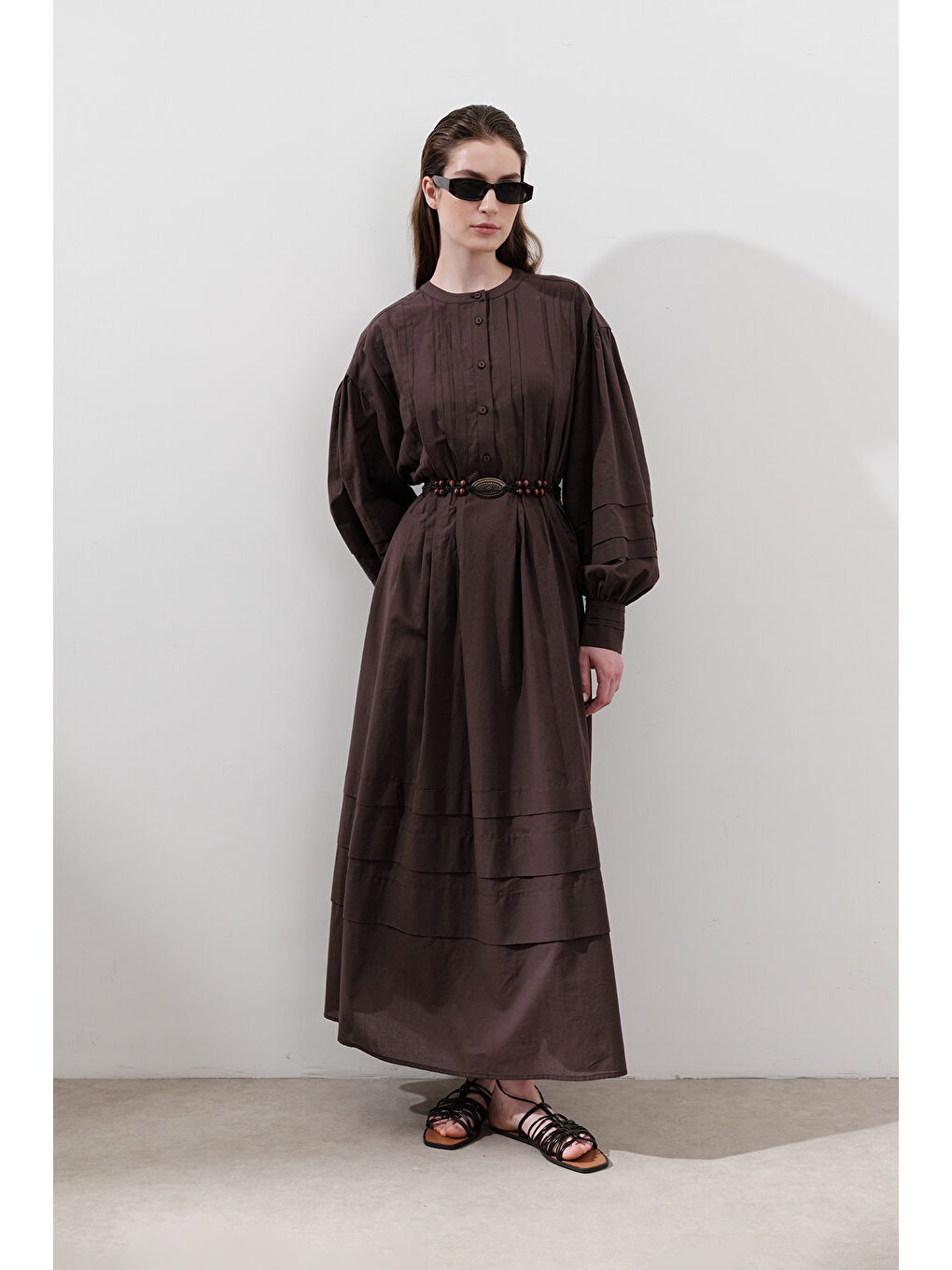 Nervürlü Geniş Elbise Kahverengi-2