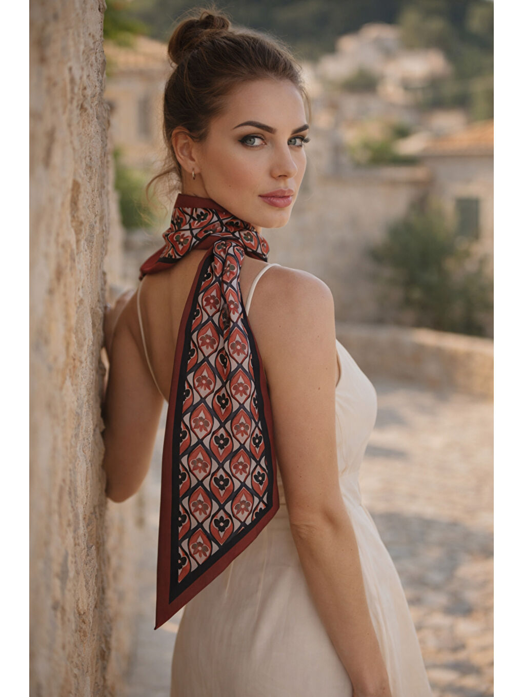 Gri Kiremit Geometrik Desenli Klasik Boyun Fuları FLR1021 KAHVERENGI-1