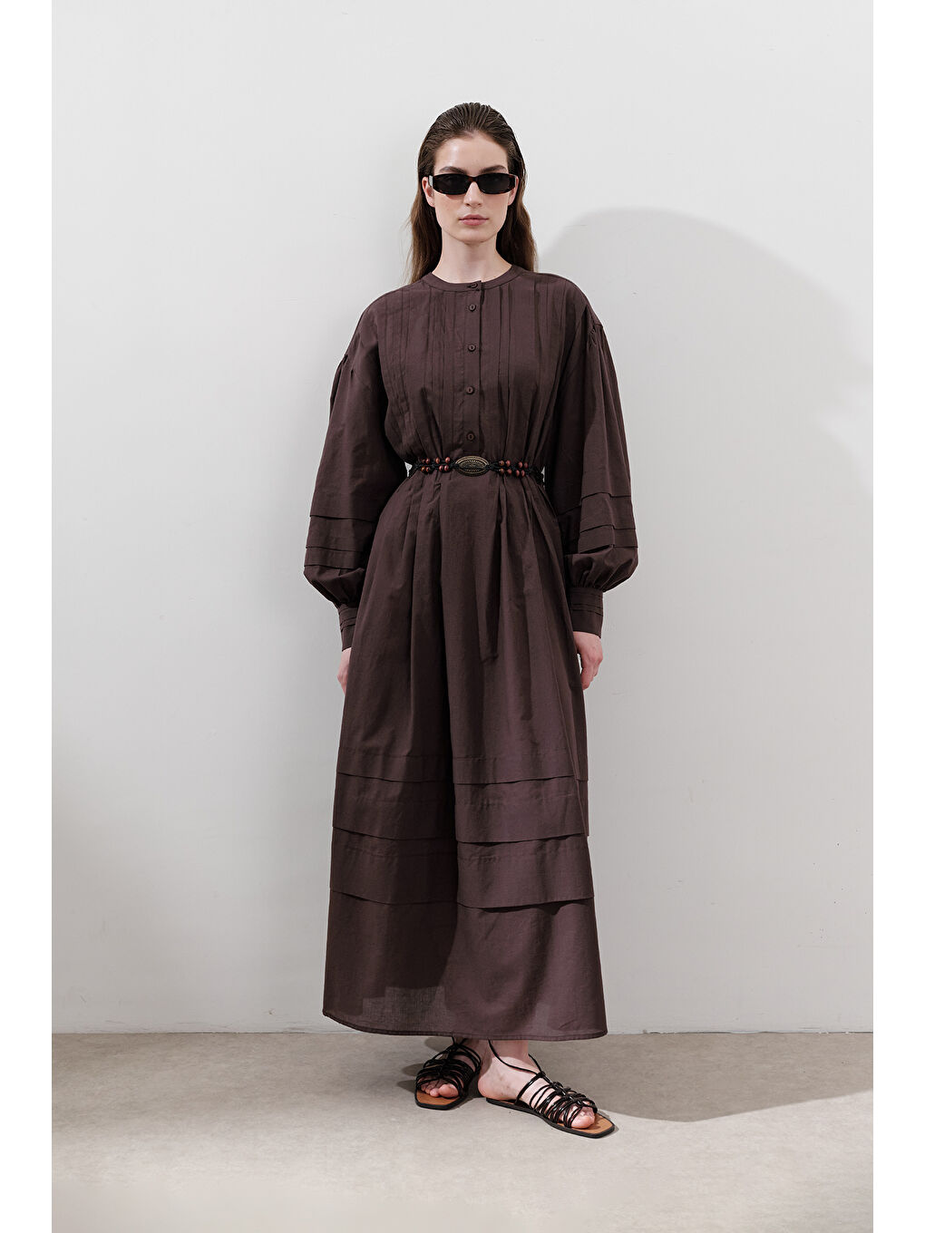 Nervürlü Geniş Elbise Kahverengi-3