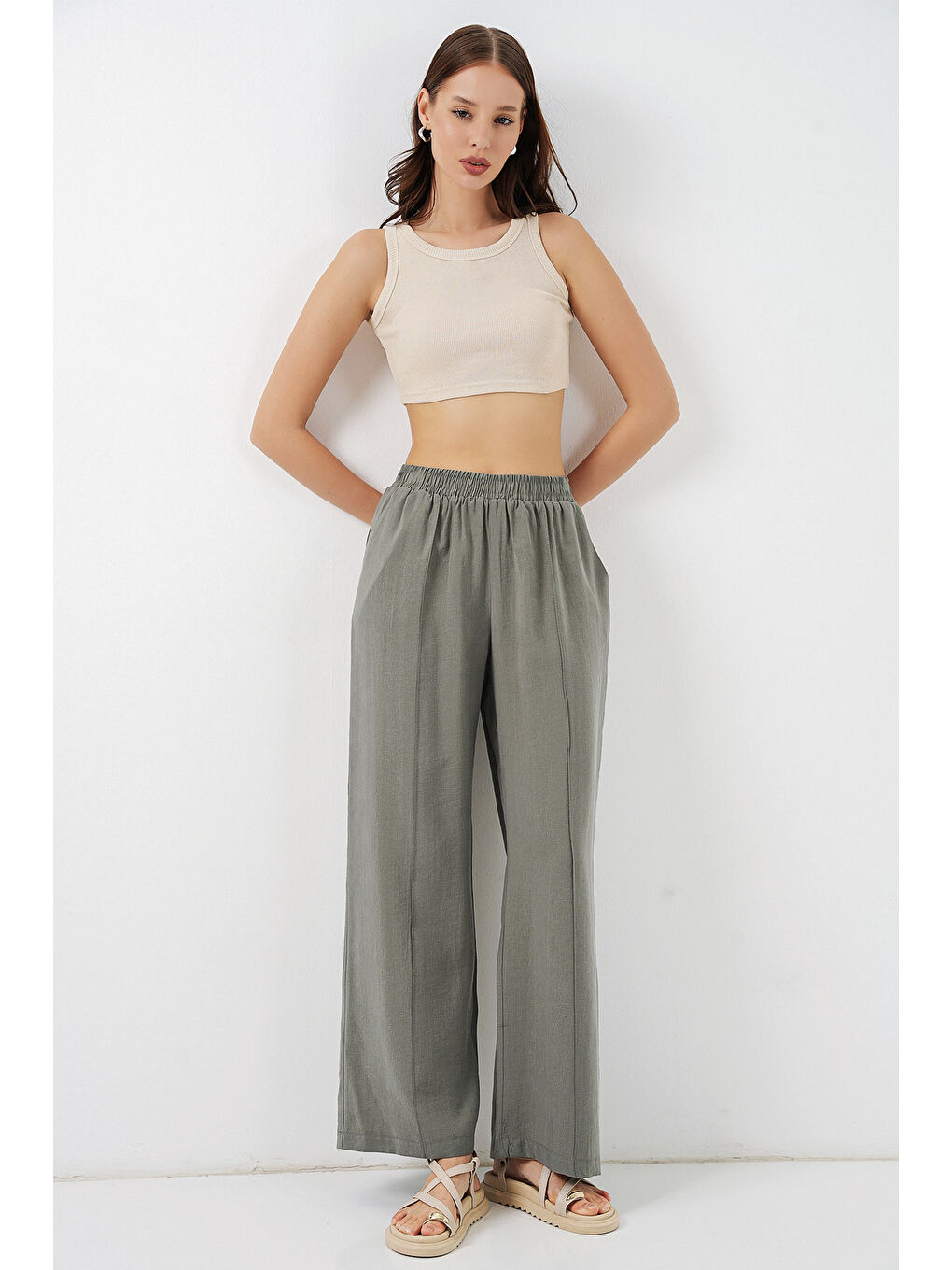 Kadın Beli Lastikli Bol Paça Pantolon 30087 - Gri-4