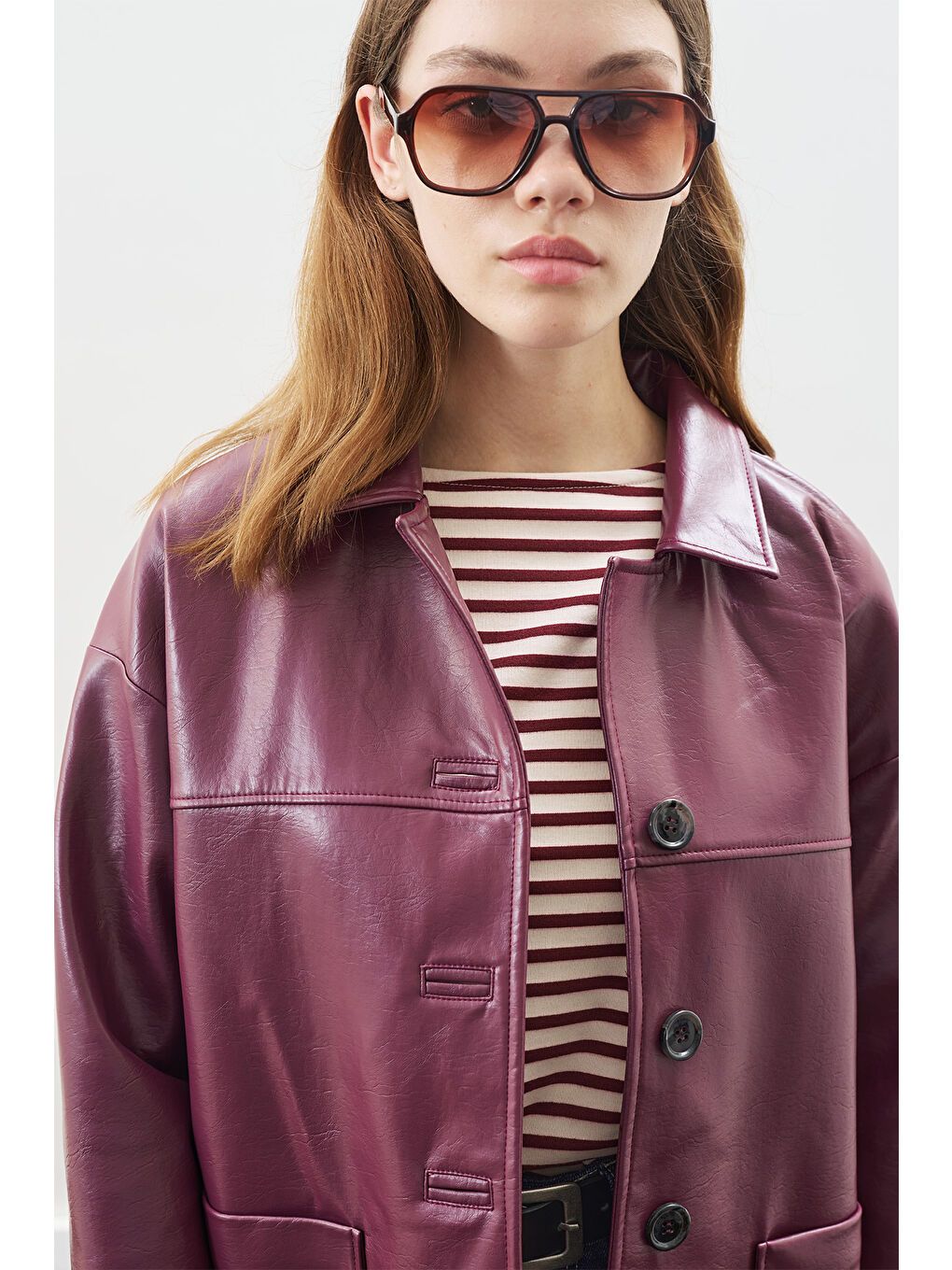 Klasik Kesim Deri Ceket Mürdüm-4