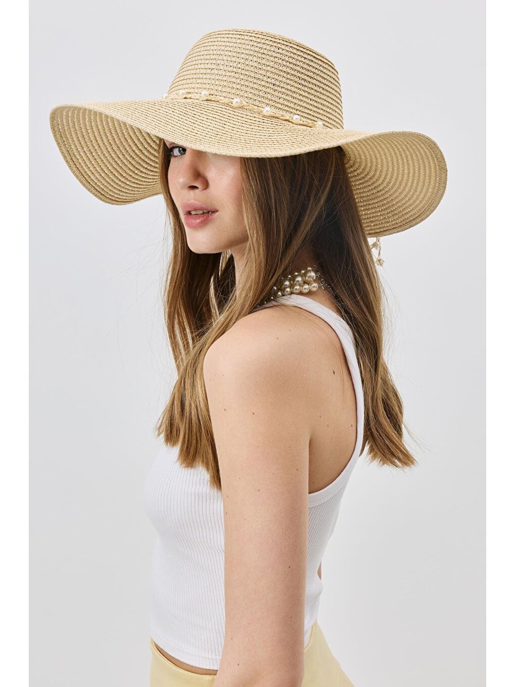 Geniş Kenar Hasır Plaj Şapkası Y25730-05 Bej-1