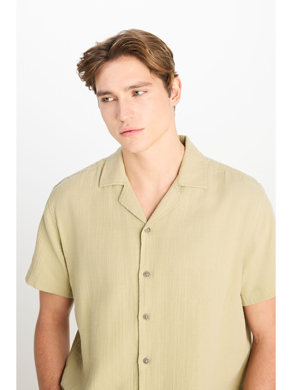 %100 Pamuk Relaxed Fit Geniş Kesim Açık Yeşil Müslin Gömlek-4