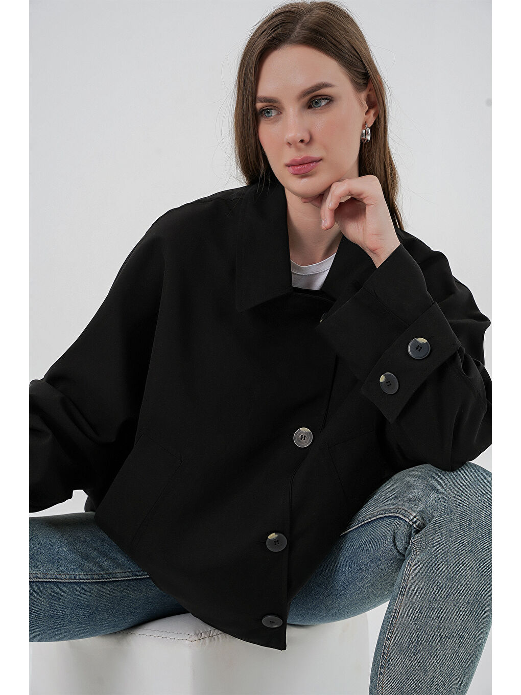 Kadın Oversize Kısa Trençkot 5977 - Siyah-4