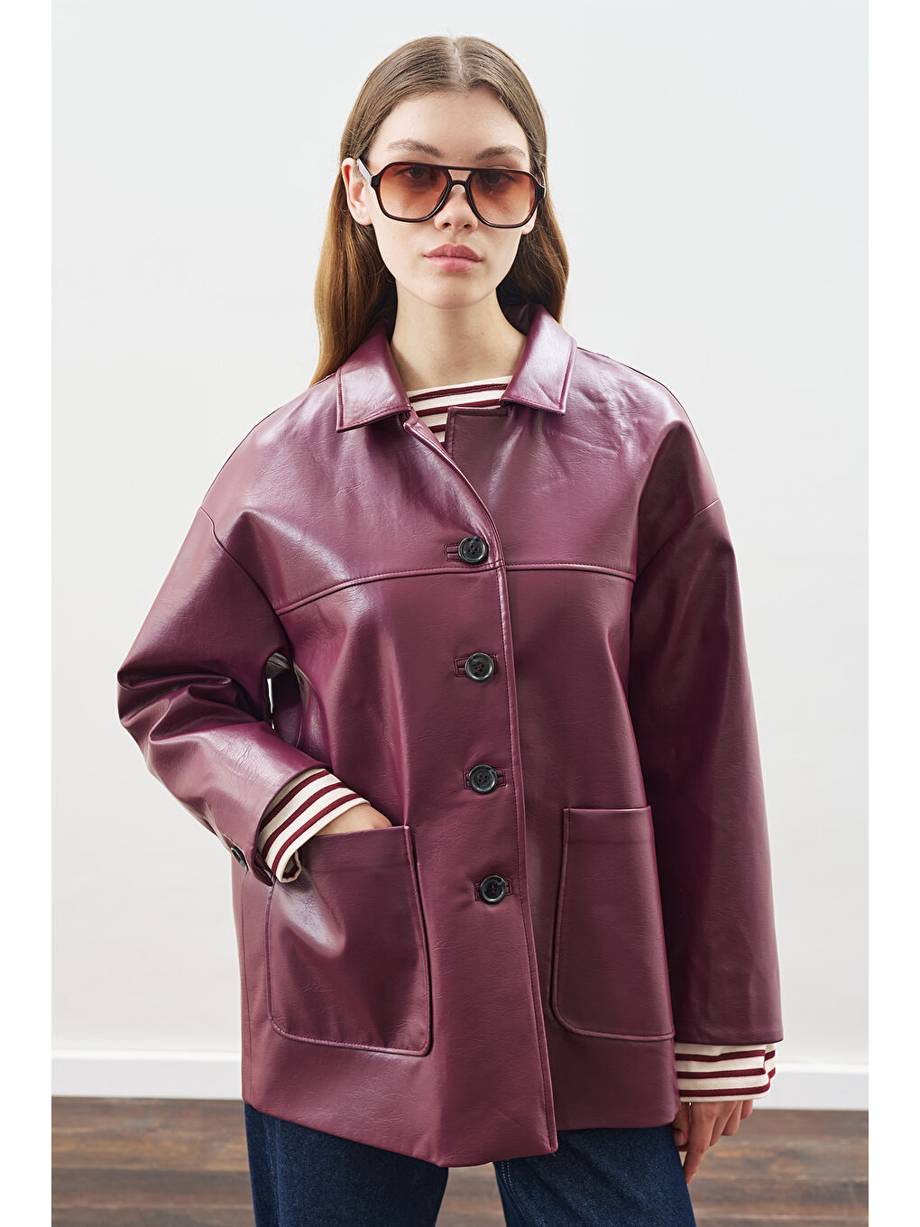 Klasik Kesim Deri Ceket Mürdüm-5