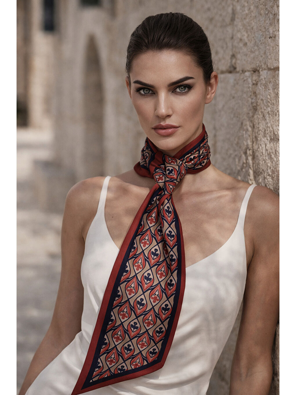 Gri Kiremit Geometrik Desenli Klasik Boyun Fuları FLR1021 KAHVERENGI-3