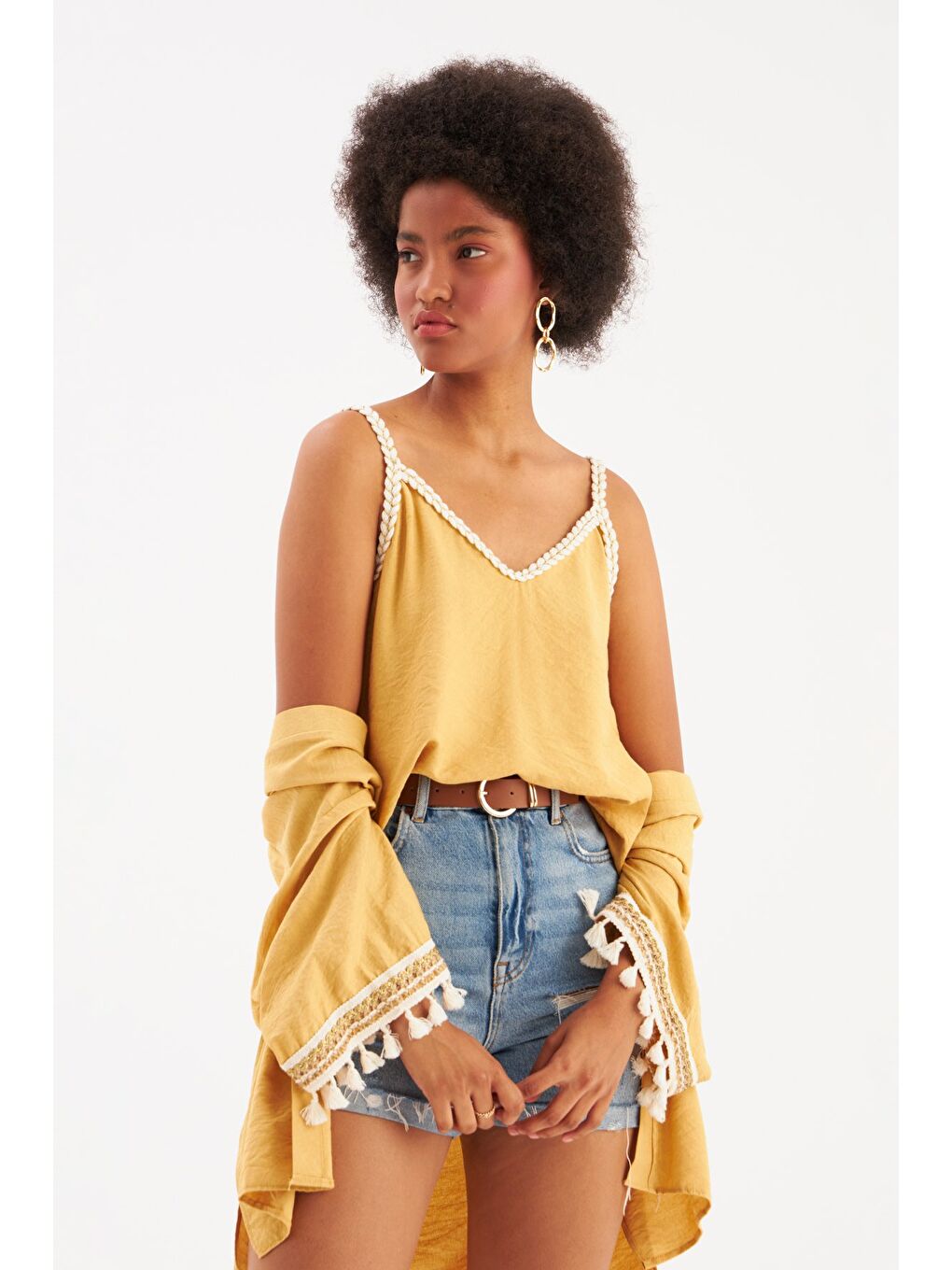 Sarı Kol Detaylı Salaş Keten Kimono - Safran-2