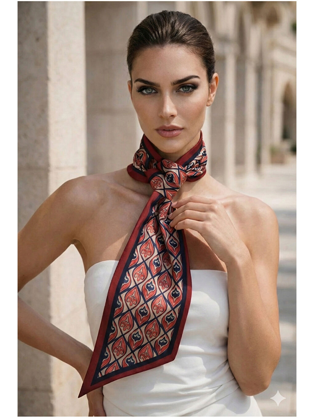 Gri Kiremit Geometrik Desenli Klasik Boyun Fuları FLR1021 KAHVERENGI-4