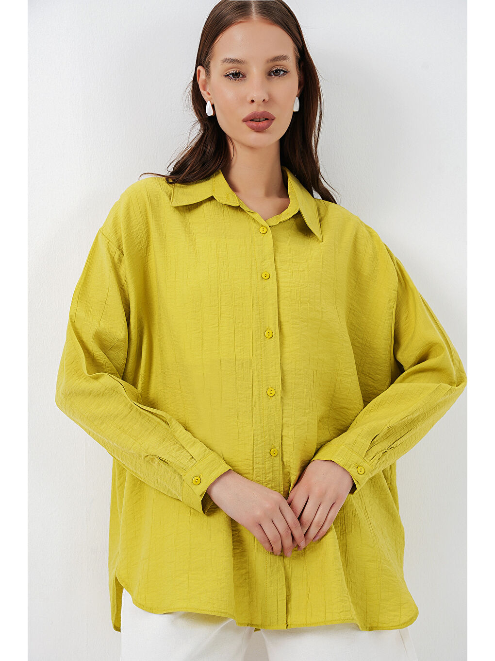 Sarı Kadın Uzun Oversize Gömlek 20334 - Hardal