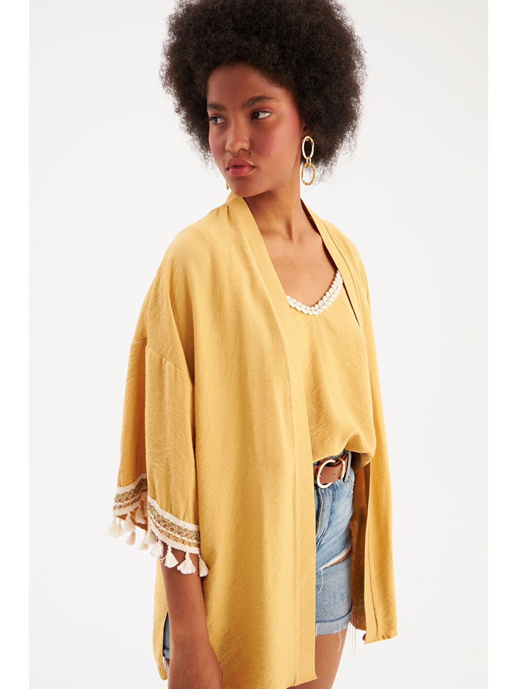Sarı Kol Detaylı Salaş Keten Kimono - Safran-3