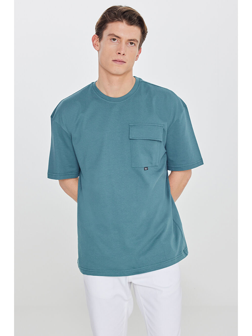 Erkek Petrol Oversize Fit Geniş Kesim Bisiklet Yaka %100 Pamuk Cepli Tişört