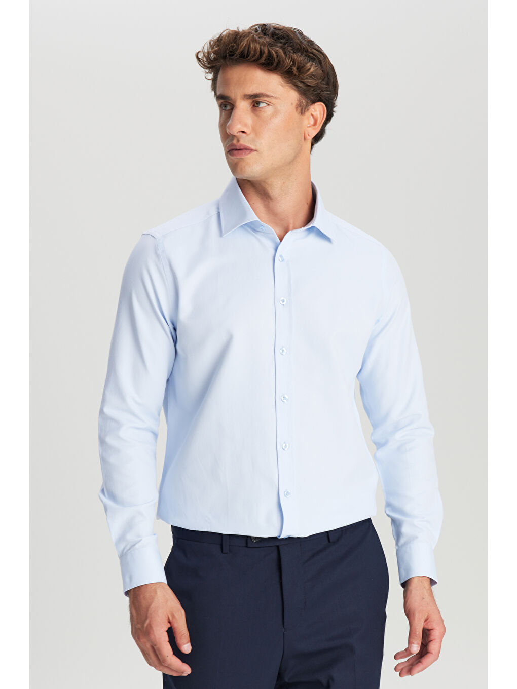 Erkek Açık Mavi Pamuklu Slim Fit Dar Kesim Klasik Yaka Armürlü Gömlek-3