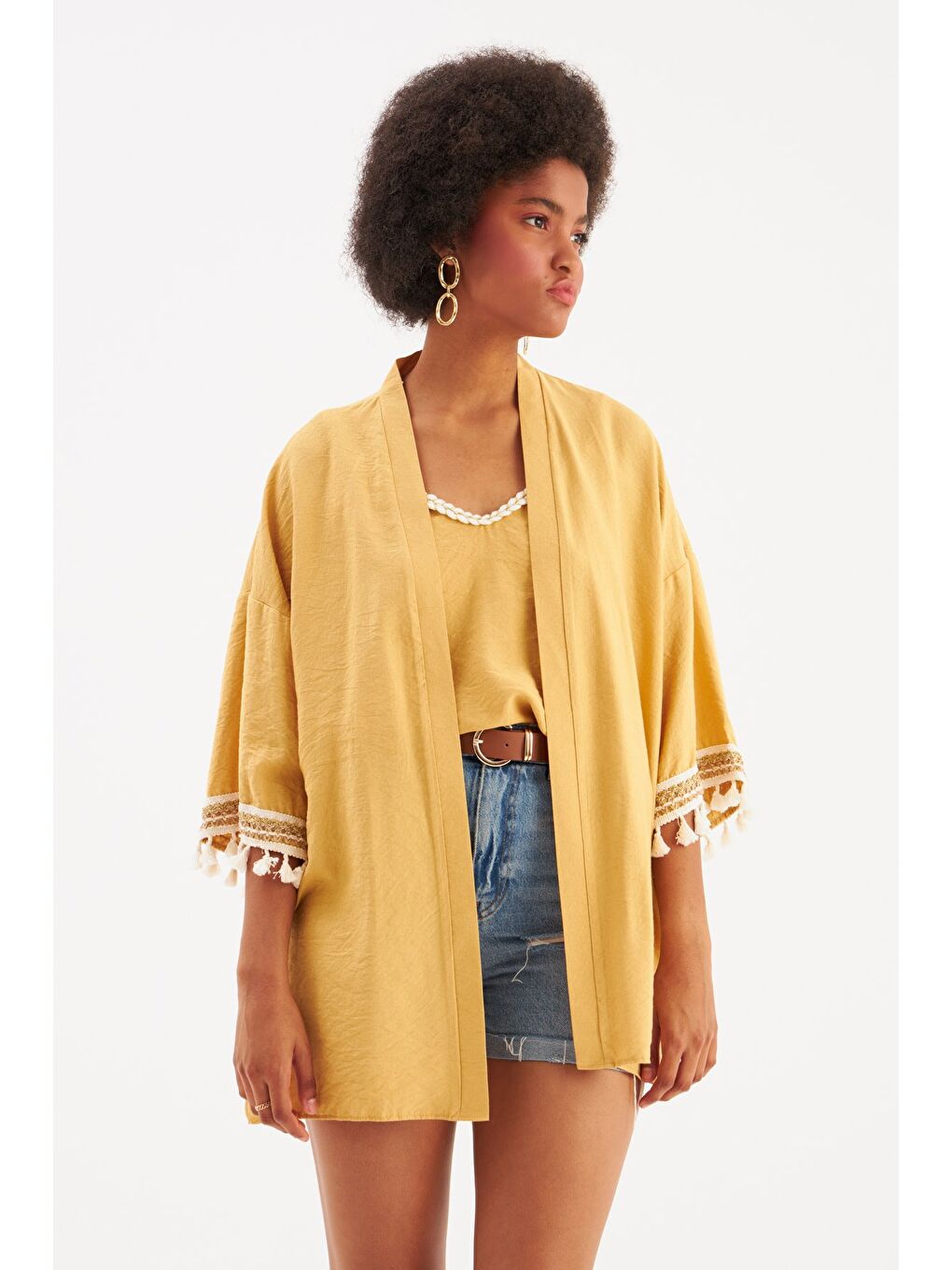Sarı Kol Detaylı Salaş Keten Kimono - Safran-4
