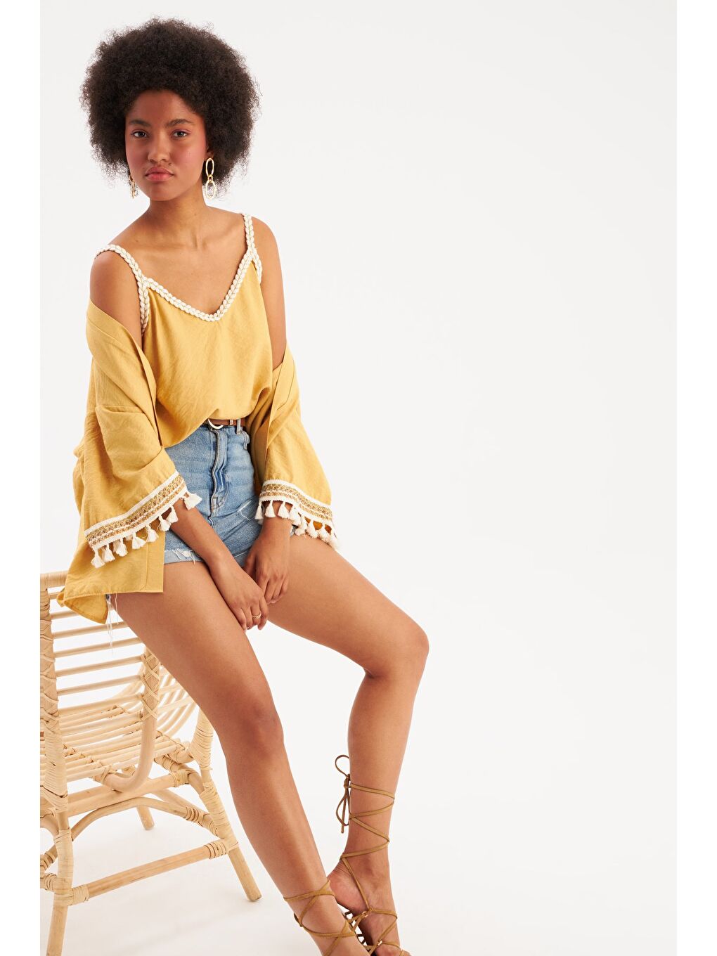 Sarı Kol Detaylı Salaş Keten Kimono - Safran-5