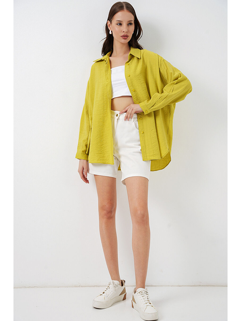 Sarı Kadın Uzun Oversize Gömlek 20334 - Hardal-1